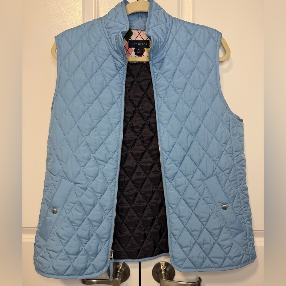 Lands’ End Quilt Puffer Light Blue Diamond Stitch Snap Pockets Zip Women’s M - Picture 1 of 5